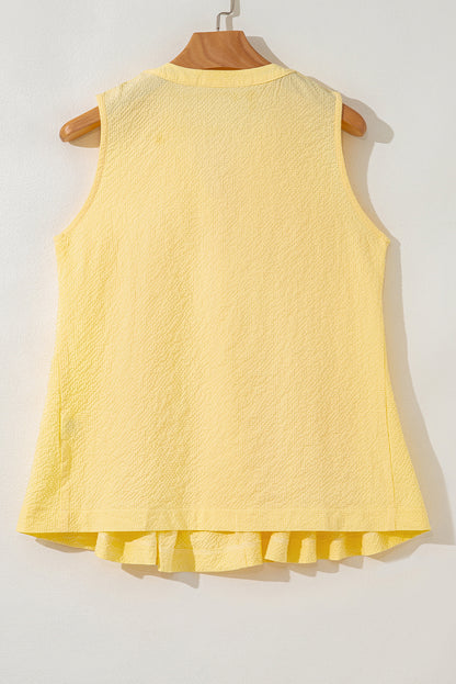 Yellow Cream Bow Tie Notched Neck Pleated Tank Top