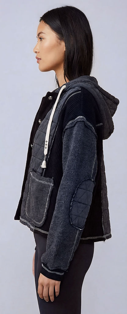 POL Boho Cozy Contrast Quilted Hoodie Jacket