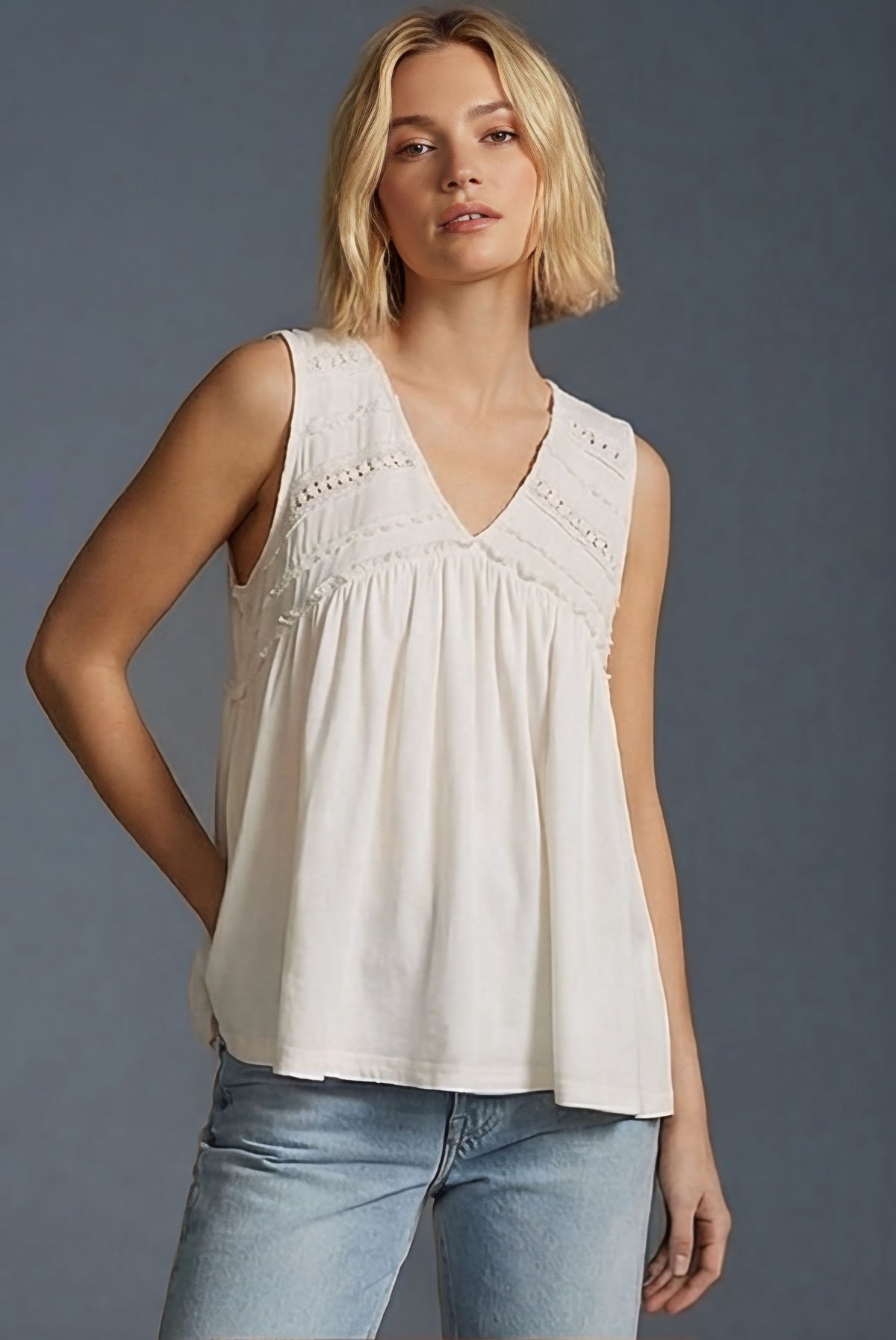 POL Boho Lace Trim Babydoll Tank Top