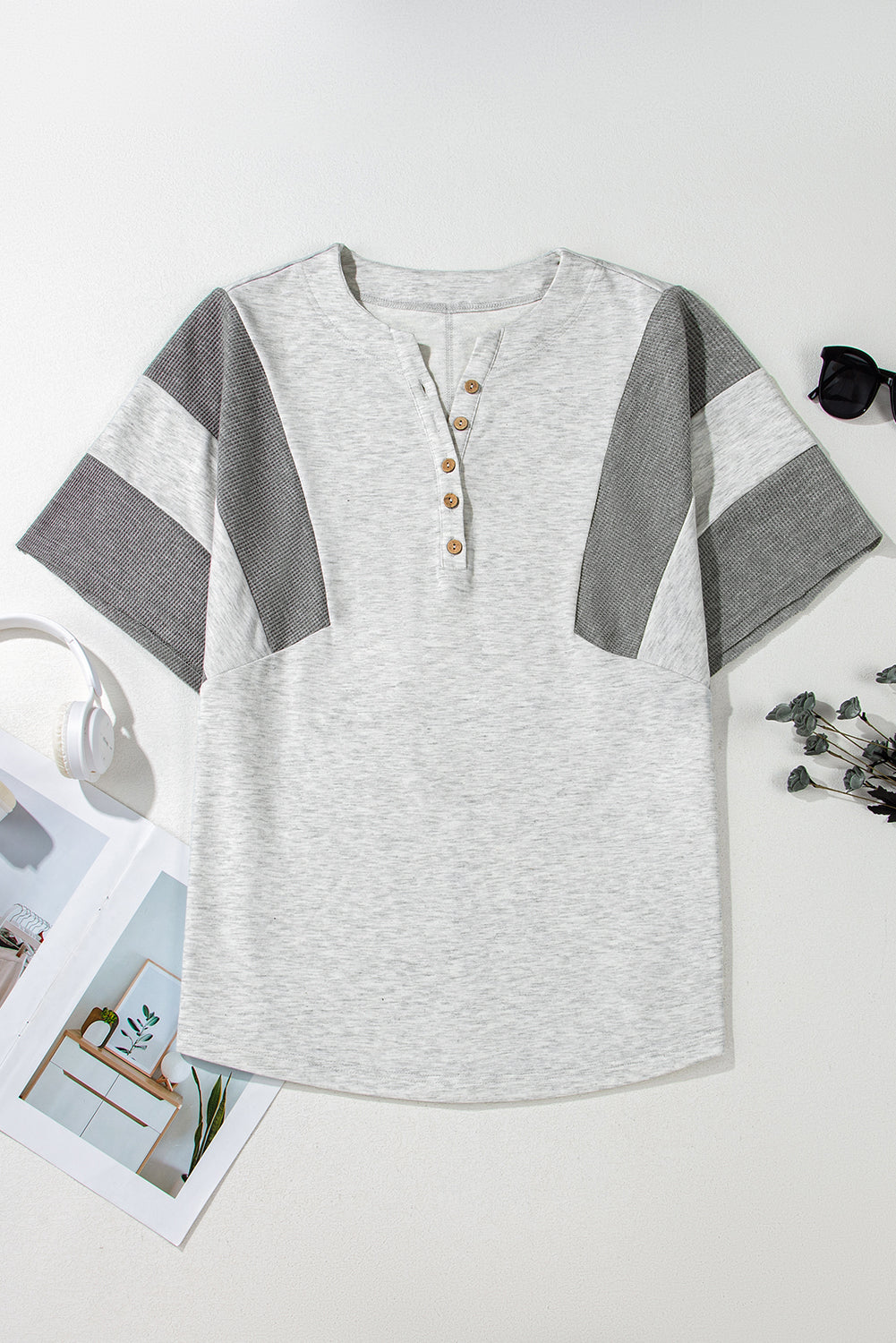 Light Grey Two Tone Contrast Waffle Knit Patched Buttoned V Neck Top