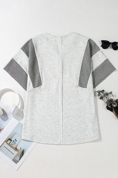 Light Grey Two Tone Contrast Waffle Knit Patched Buttoned V Neck Top