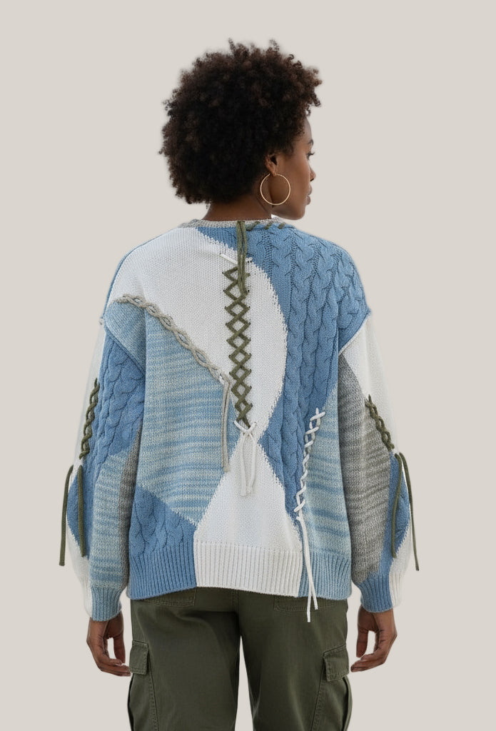 Boho Chenille Patchwork Balloon Sleeve Cardigan (POL)