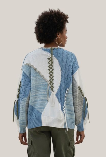 Boho Chenille Patchwork Balloon Sleeve Cardigan (POL)