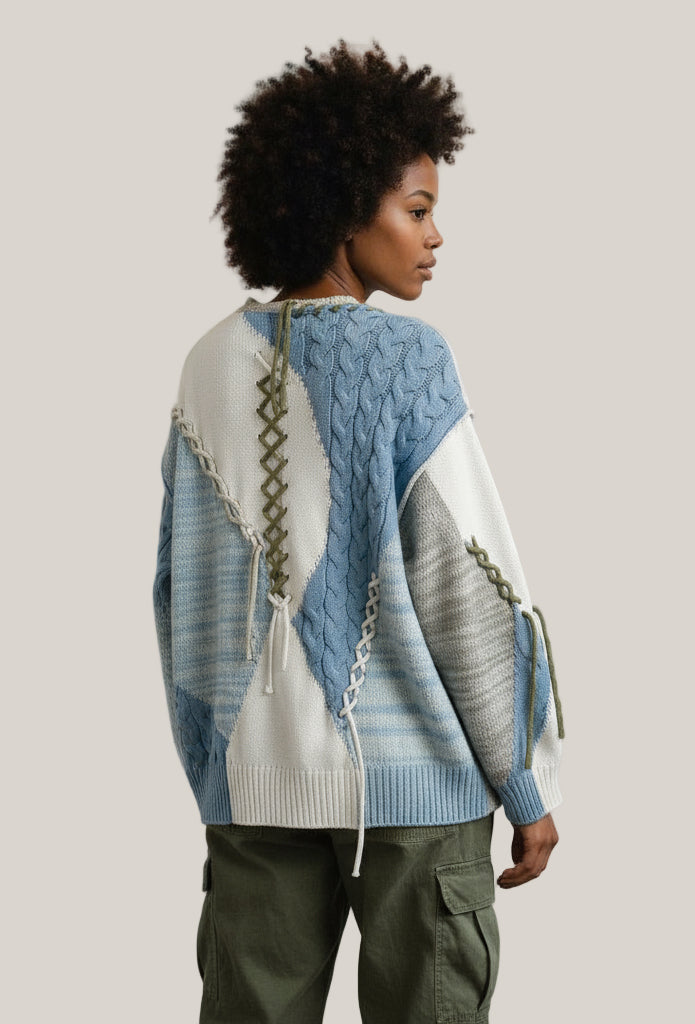 Boho Chenille Patchwork Balloon Sleeve Cardigan (POL)
