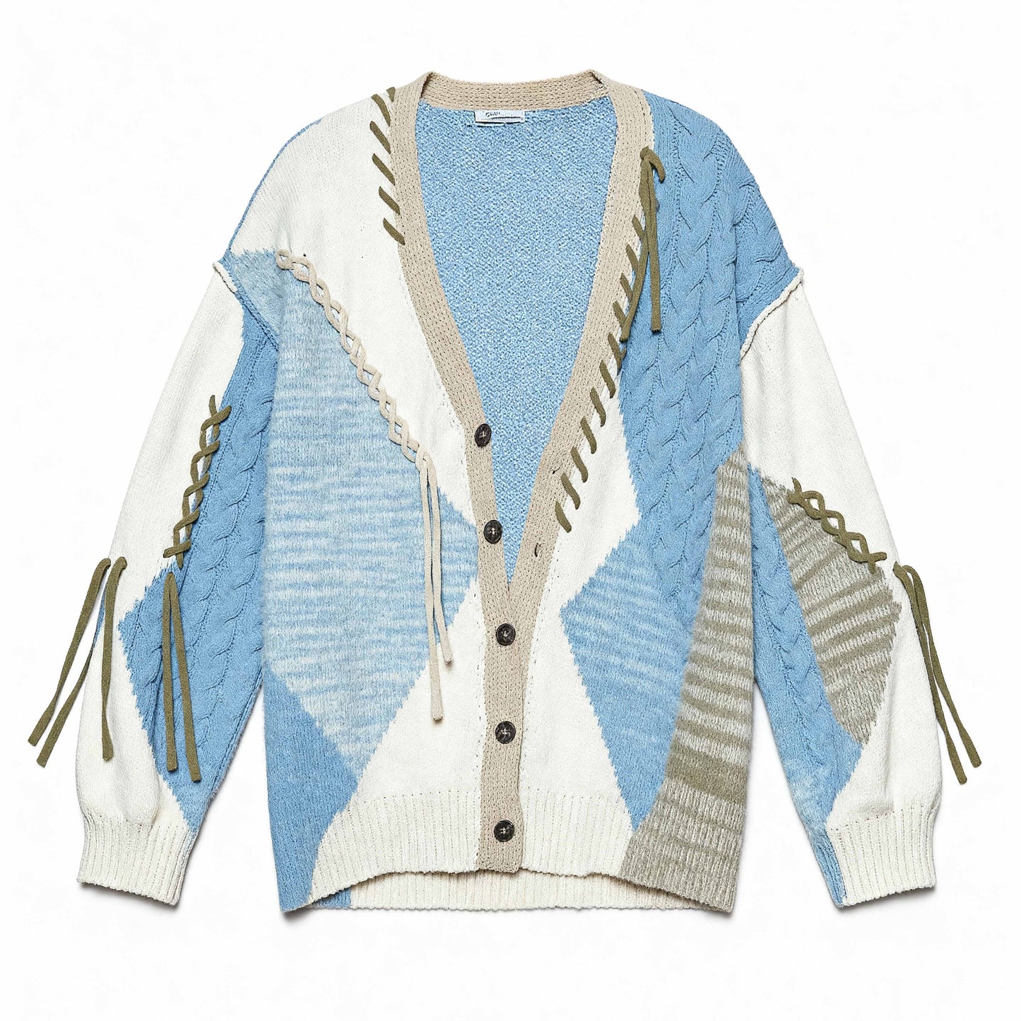 Boho Chenille Patchwork Balloon Sleeve Cardigan (POL)