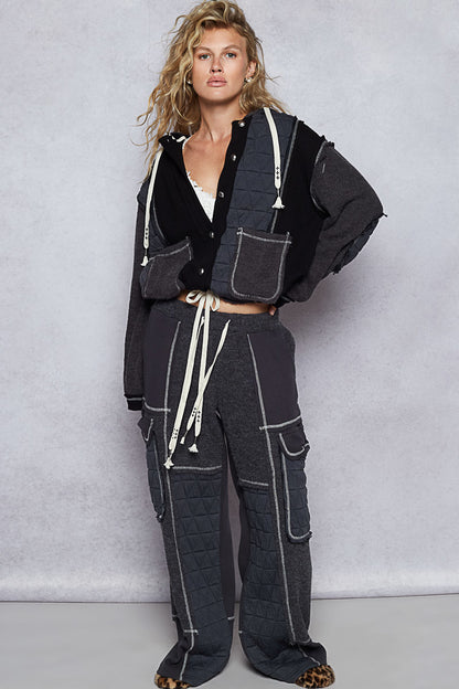 POL Boho Cozy Contrast Quilted Hoodie Jacket