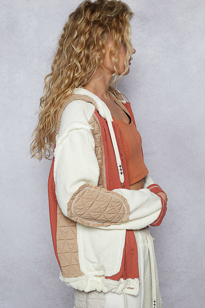 POL Boho Cozy Contrast Quilted Hoodie Jacket