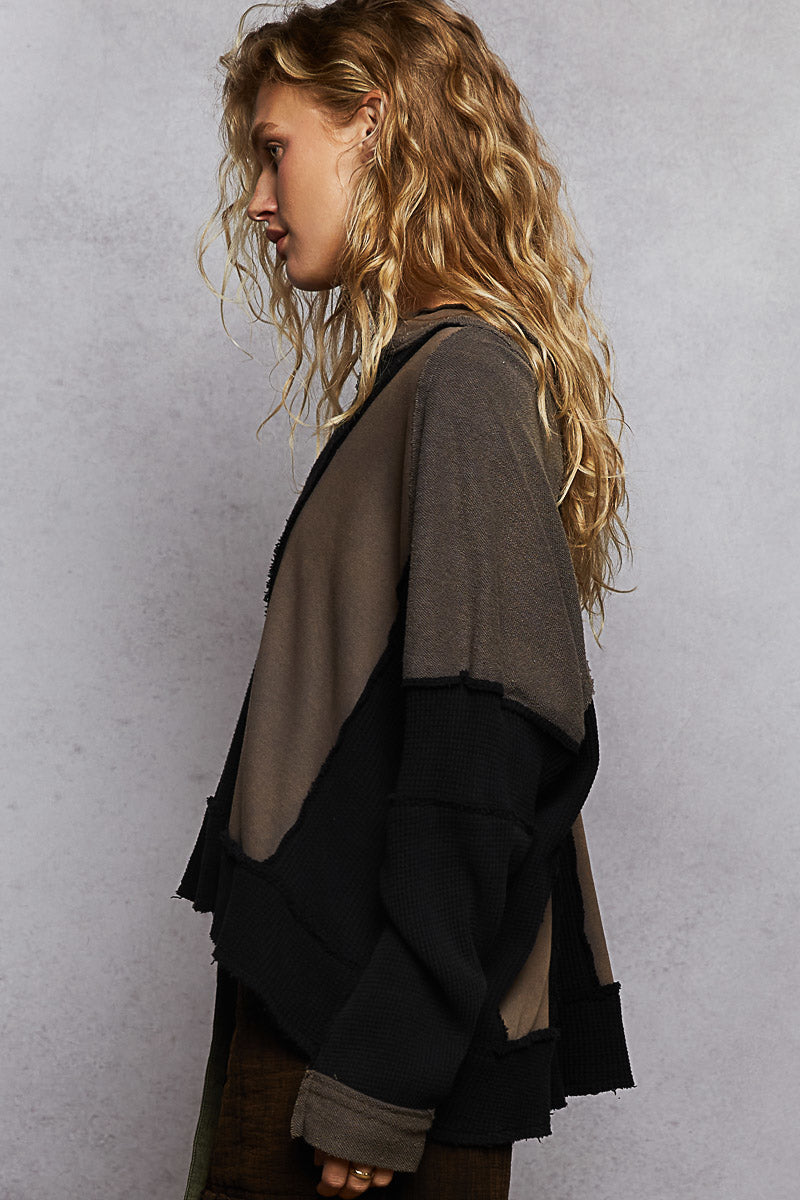 POL Boho Raw Edge Contrast Thermal Long Sleeve Top – Earth Tones