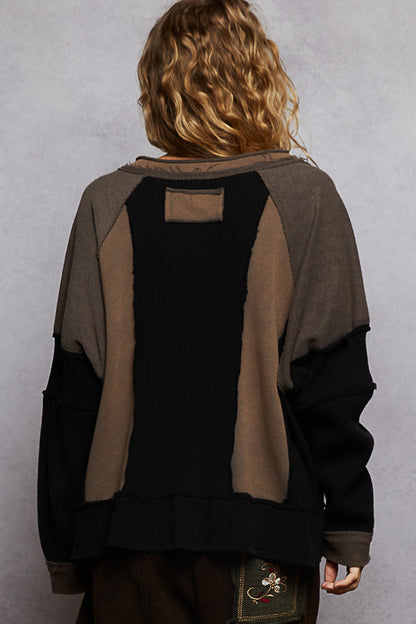 POL Boho Raw Edge Contrast Thermal Long Sleeve Top – Earth Tones