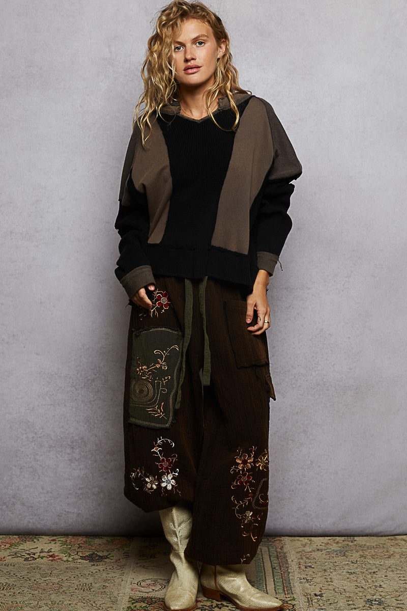POL Boho Raw Edge Contrast Thermal Long Sleeve Top – Earth Tones