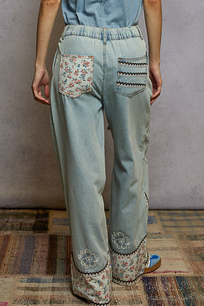POL Boho Floral Patchwork Wide-Leg Denim Jeans