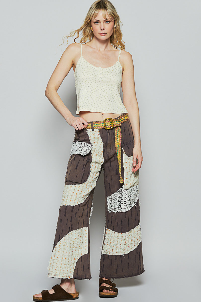 POL Boho Wavy Patchwork Wide-Leg Pants