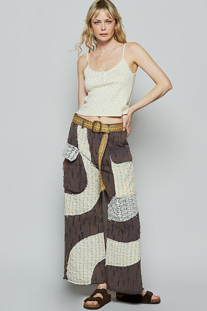 POL Boho Wavy Patchwork Wide-Leg Pants
