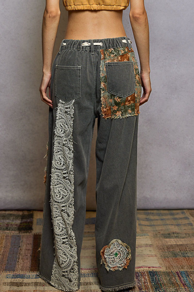 POL Boho Floral & Lace Patchwork Denim Jeans