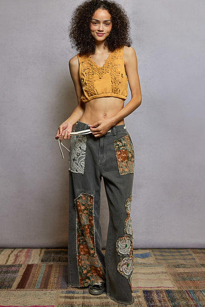 POL Boho Floral & Lace Patchwork Denim Jeans