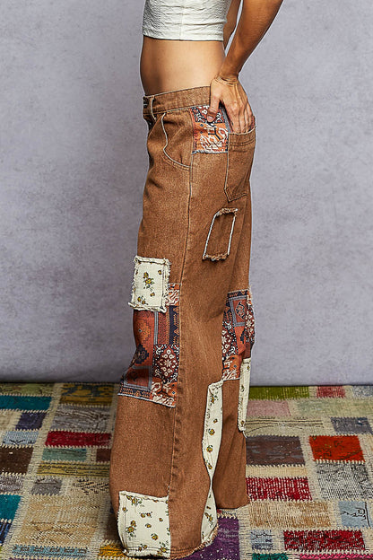 POL Boho Patchwork Straight-Leg Denim Jeans – Caramel