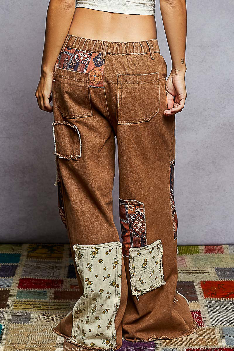 POL Boho Patchwork Straight-Leg Denim Jeans – Caramel