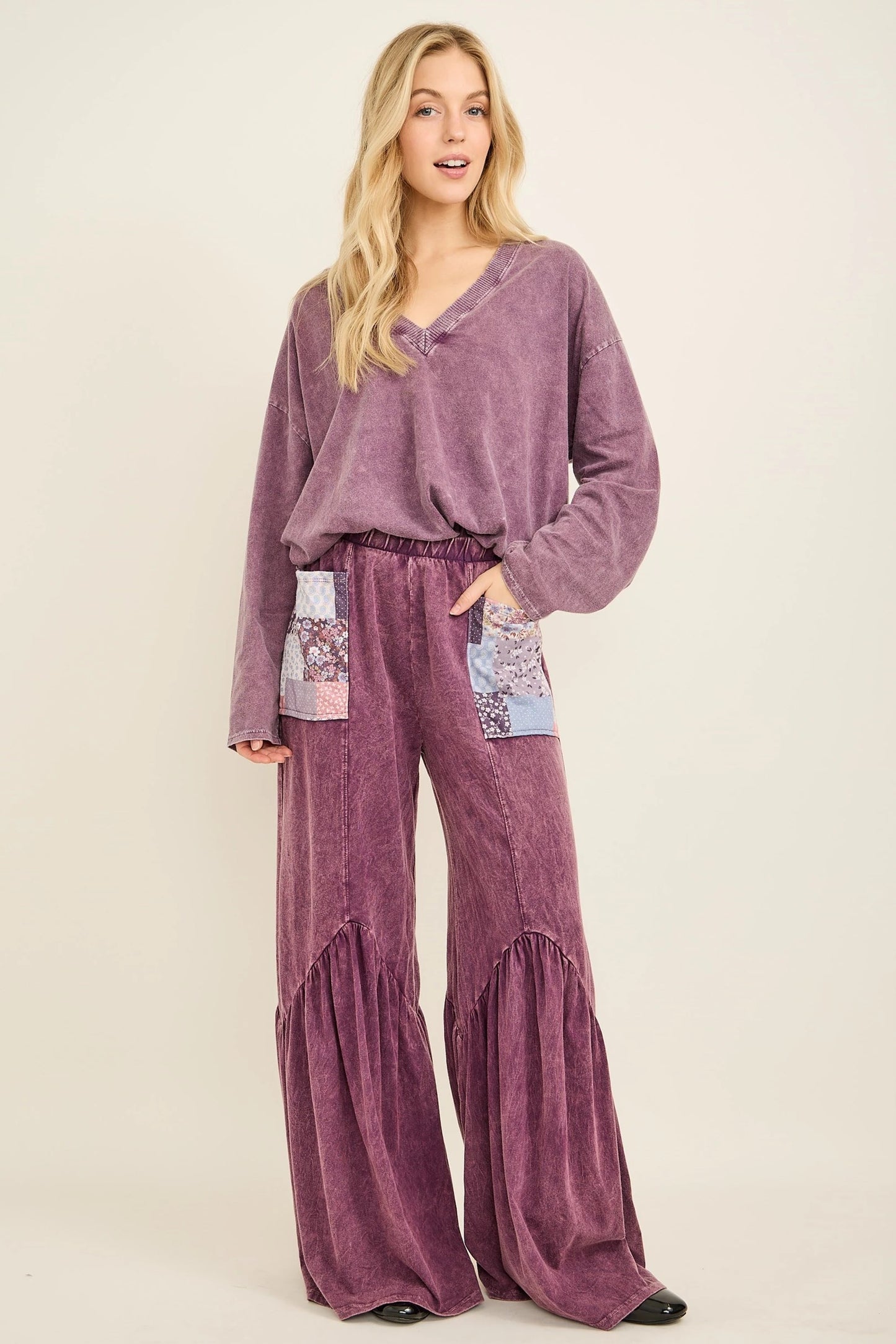 J.HER Mineral Wash Boho Patchwork Pocket Flare Pants – Ultra Soft Wide Leg Bottoms