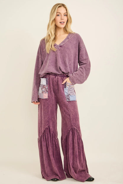 J.HER Mineral Wash Boho Patchwork Pocket Flare Pants – Ultra Soft Wide Leg Bottoms