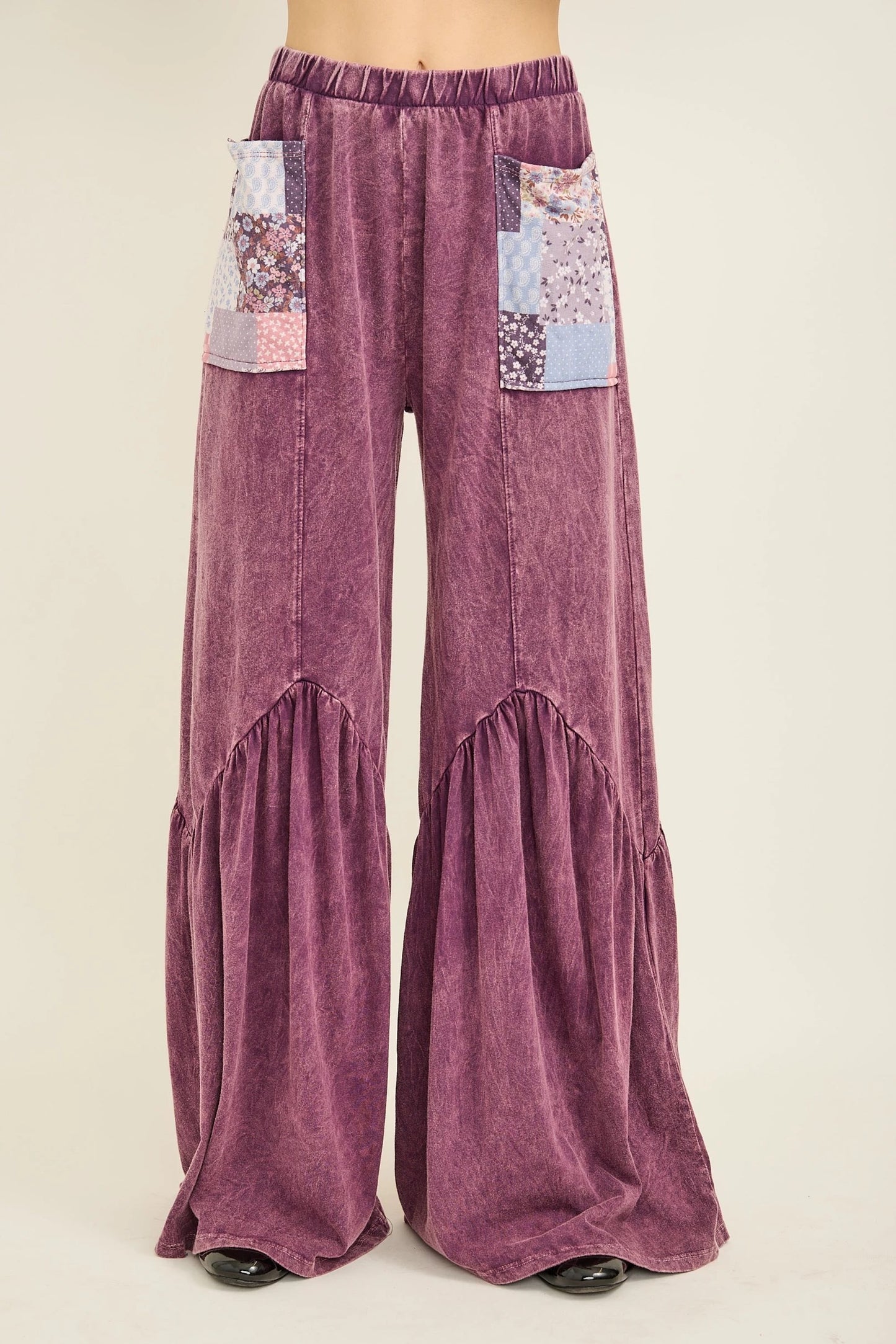 J.HER Mineral Wash Boho Patchwork Pocket Flare Pants – Ultra Soft Wide Leg Bottoms