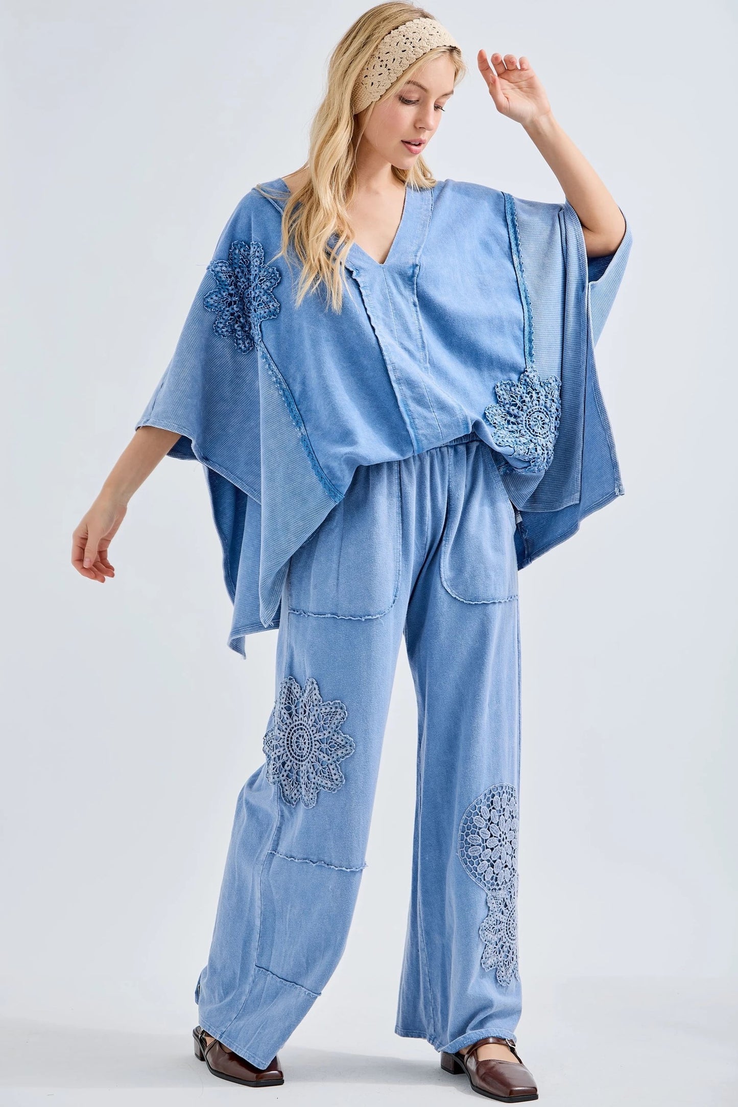 Mineral Wash Doily Patch Wide-Leg Pants