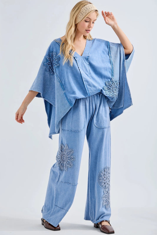 Mineral Wash Doily Patch Wide-Leg Pants