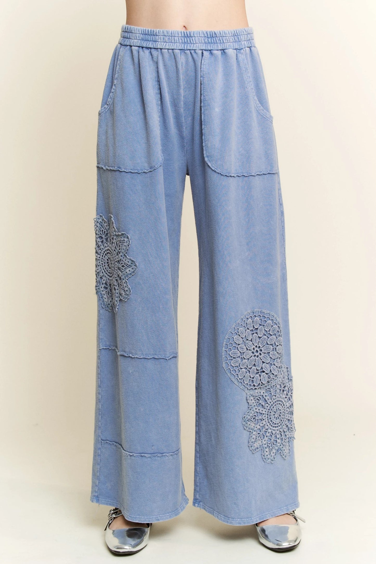 Mineral Wash Doily Patch Wide-Leg Pants
