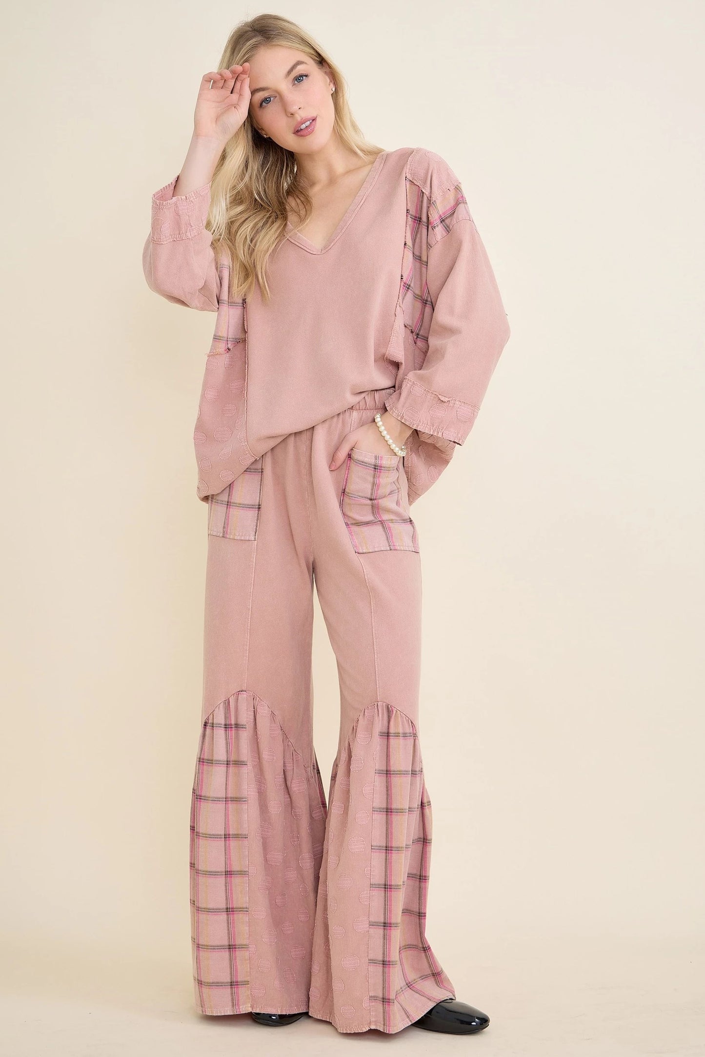 J.HER Mineral Wash Boho Pattern Patchwork Pants – Wide Leg Tiered Boho Bottoms