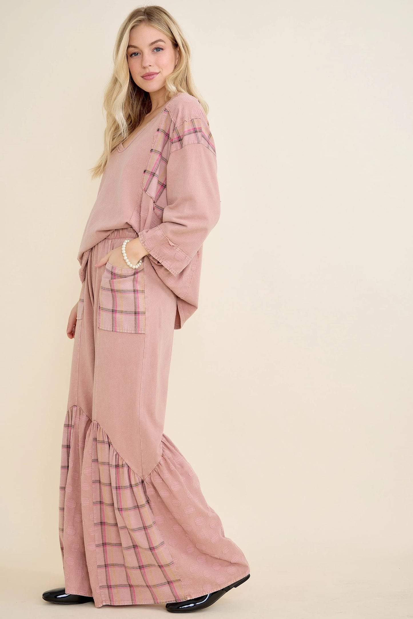 J.HER Mineral Wash Boho Pattern Patchwork Pants – Wide Leg Tiered Boho Bottoms