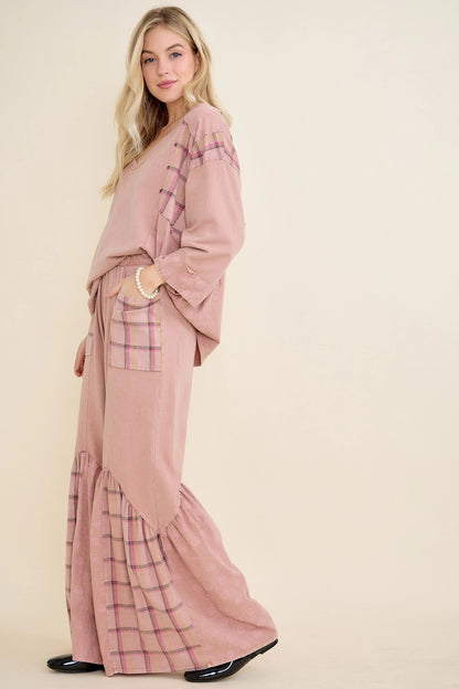 J.HER Mineral Wash Boho Pattern Patchwork Pants – Wide Leg Tiered Boho Bottoms