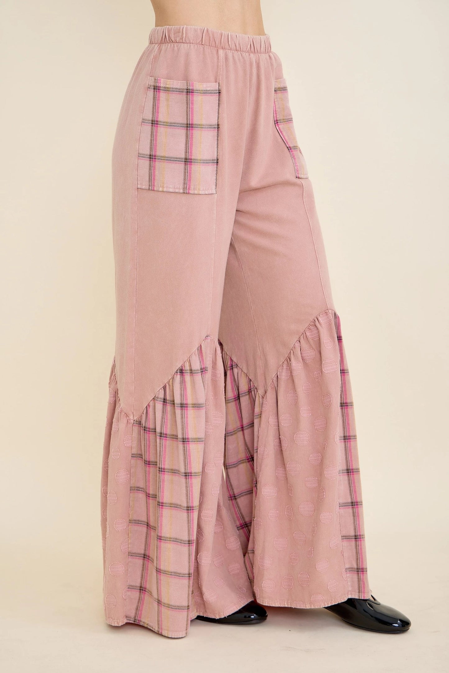 J.HER Mineral Wash Boho Pattern Patchwork Pants – Wide Leg Tiered Boho Bottoms