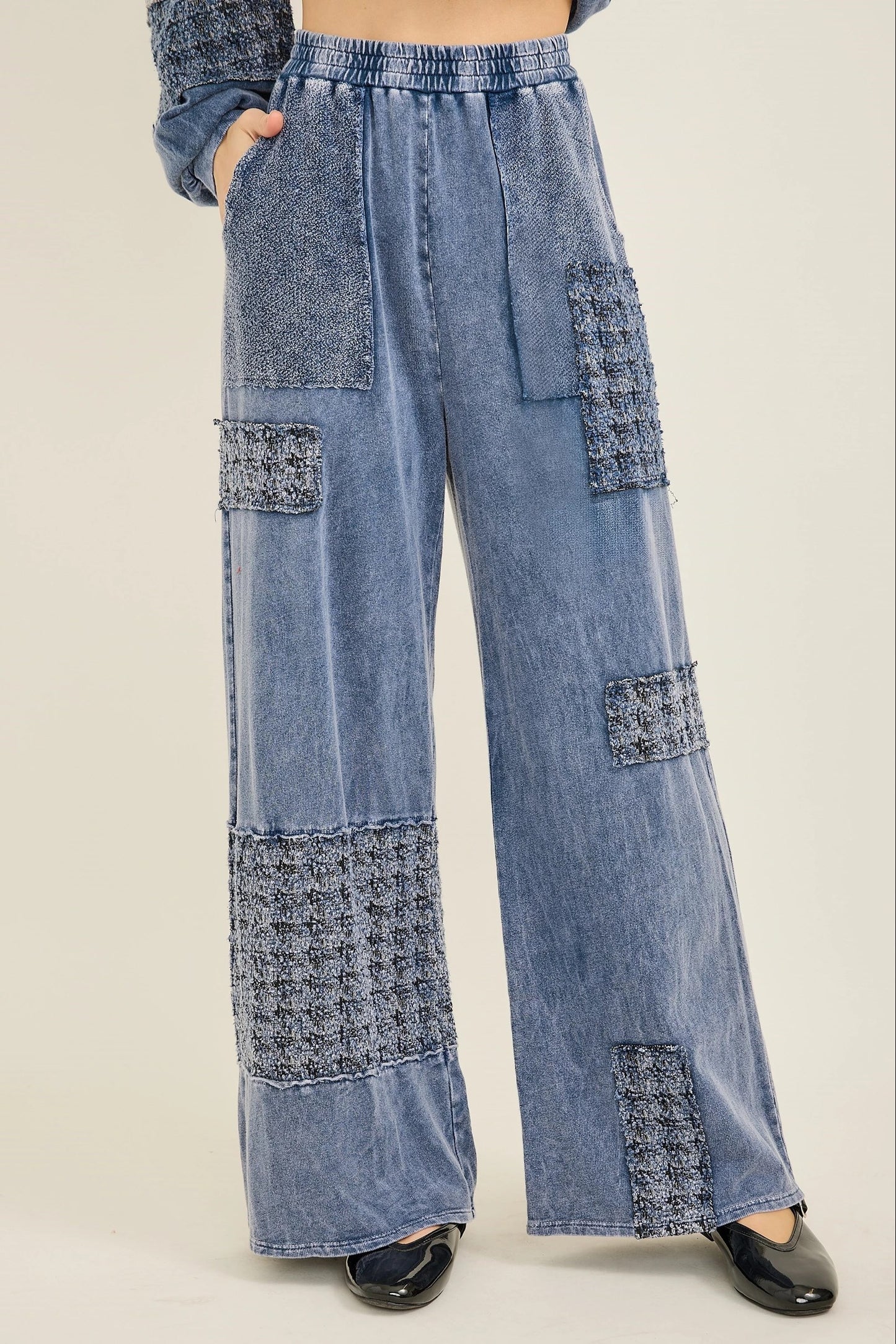 J.HER Mineral Wash Tweed Block Patch Wide Leg Pants