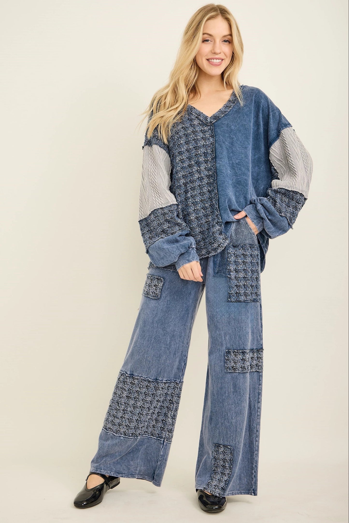 J.HER Mineral Wash Tweed Block Patch Wide Leg Pants