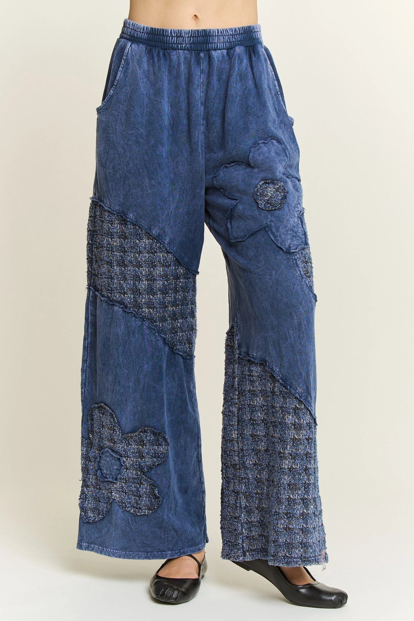 J.HER Mineral Wash Tweed Daisy Patch Wide Leg Pants