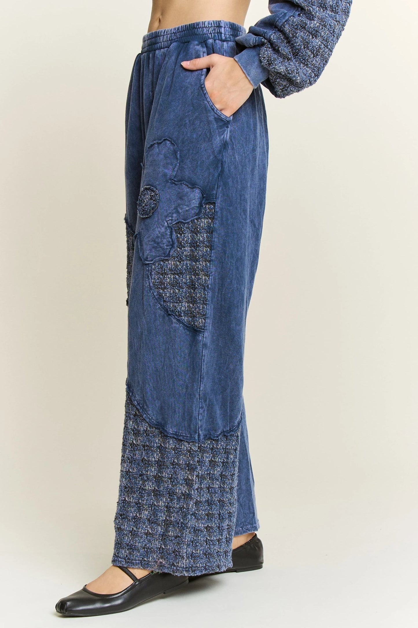 J.HER Mineral Wash Tweed Daisy Patch Wide Leg Pants