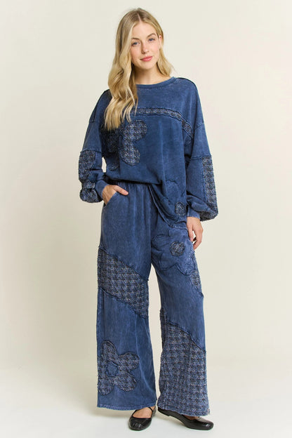 J.HER Mineral Wash Tweed Daisy Patch Wide Leg Pants