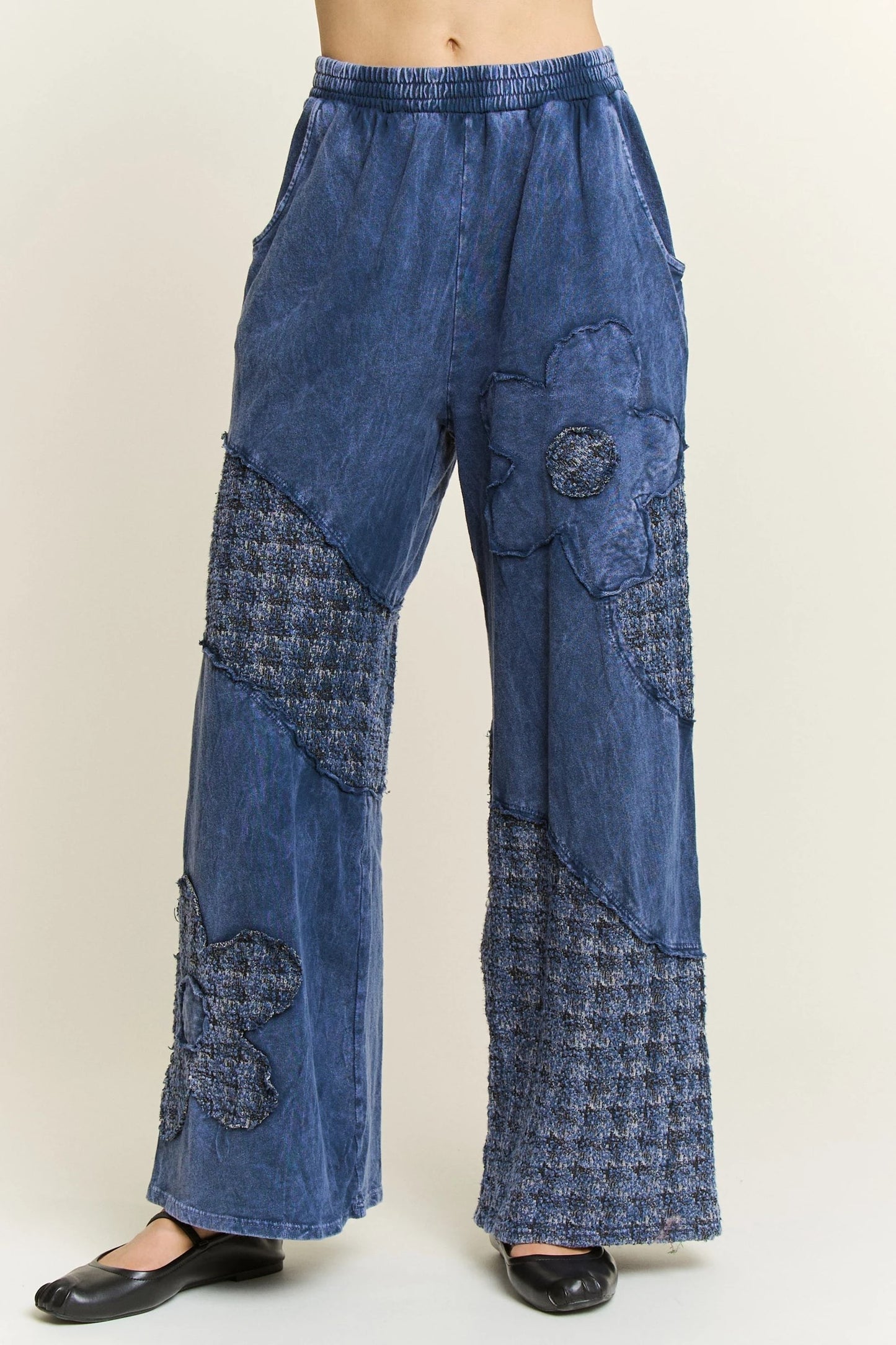 J.HER Mineral Wash Tweed Daisy Patch Wide Leg Pants