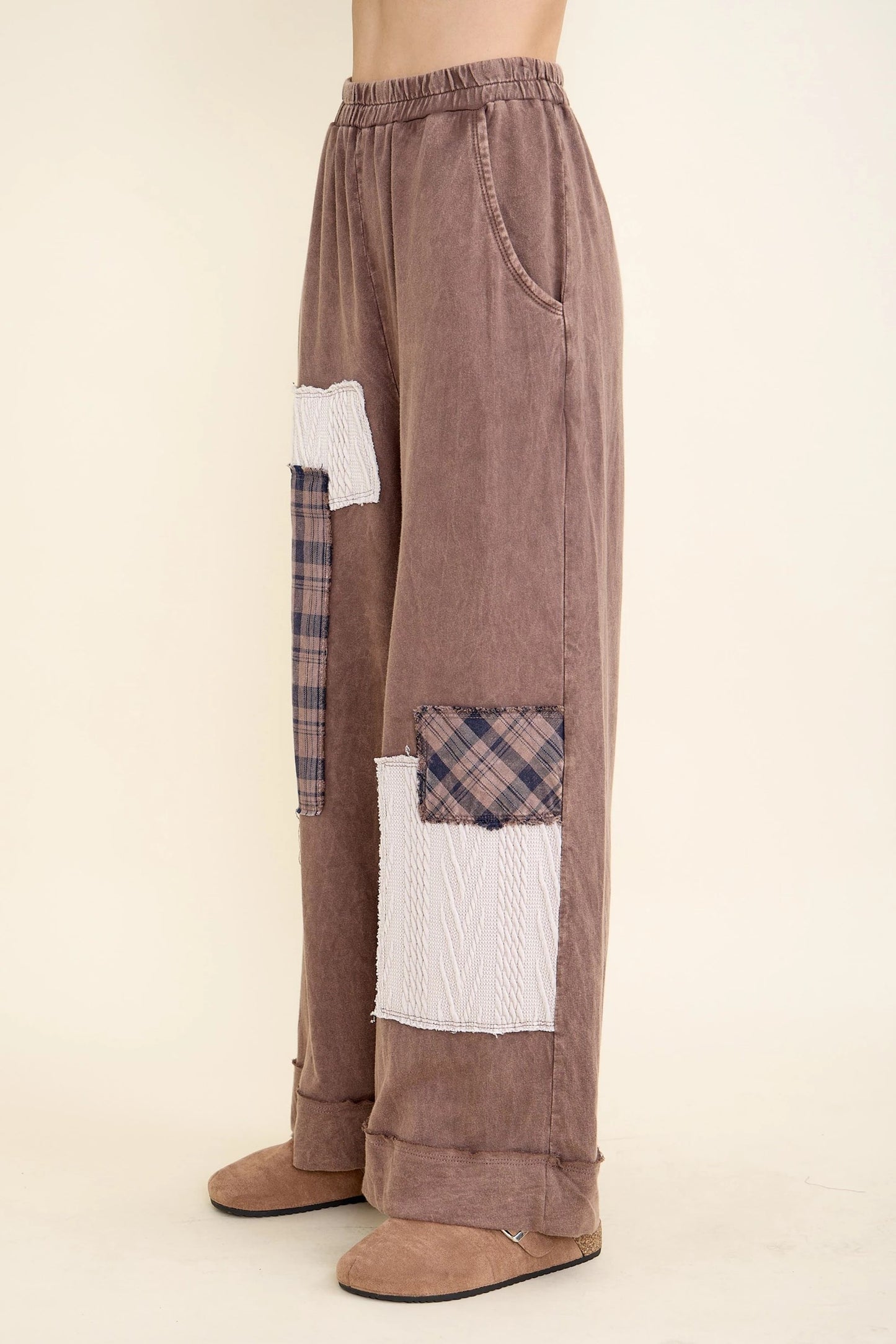 J.HER Mineral Wash Plaid & Sweater Patchwork Boho Pants
