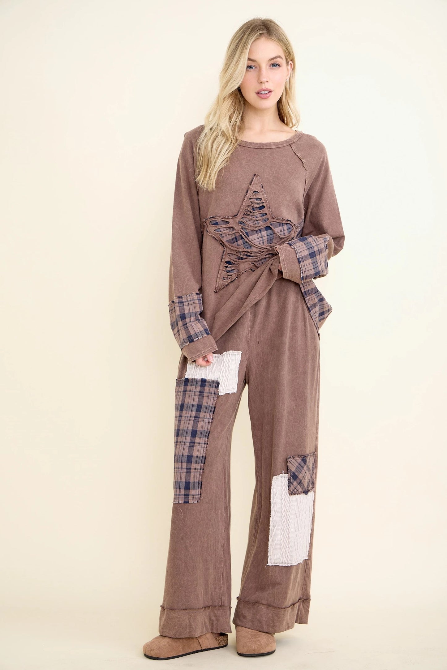 J.HER Mineral Wash Plaid & Sweater Patchwork Boho Pants