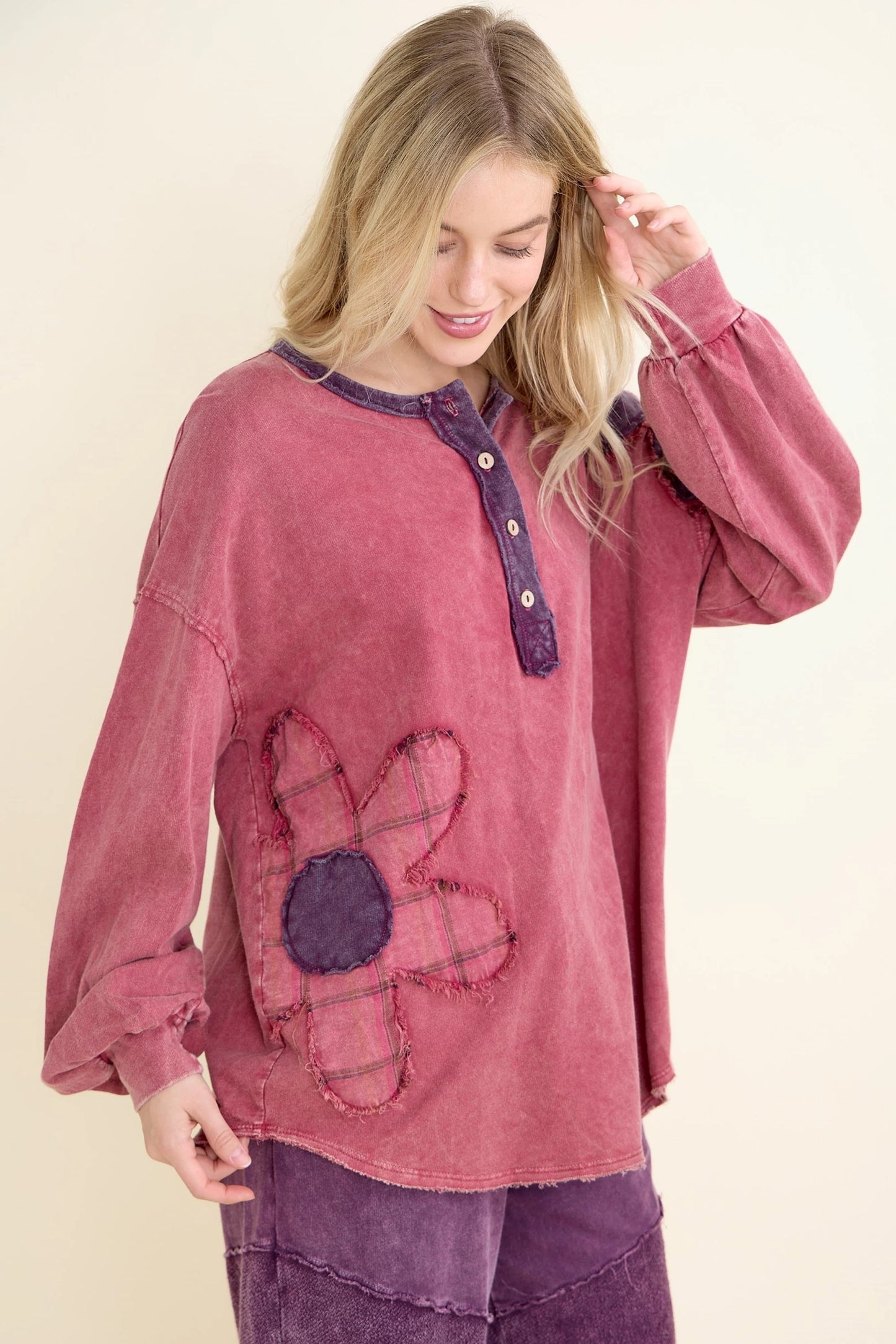 Mineral-Wash Boho Flannel Daisy Henley Top (J.HER)