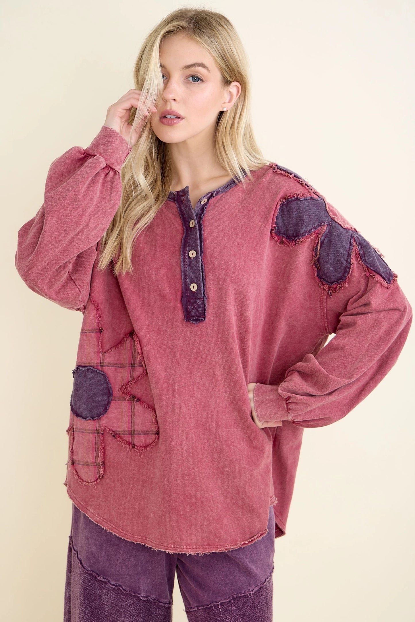 Mineral-Wash Boho Flannel Daisy Henley Top (J.HER)