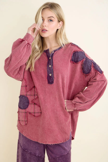Mineral-Wash Boho Flannel Daisy Henley Top (J.HER)