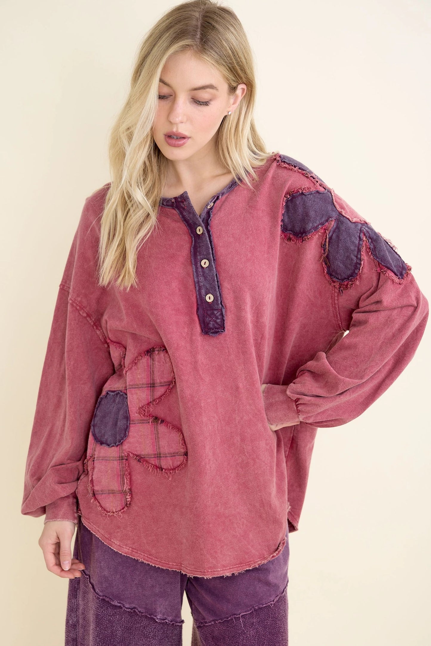 Mineral-Wash Boho Flannel Daisy Henley Top (J.HER)