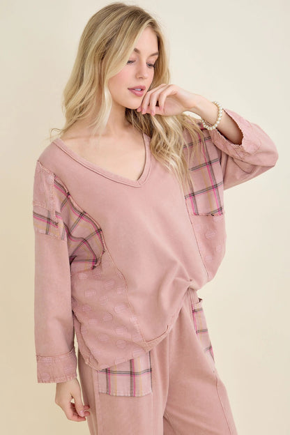 Mineral Wash Patchwork Boho V-Neck Blouse (J.HER)