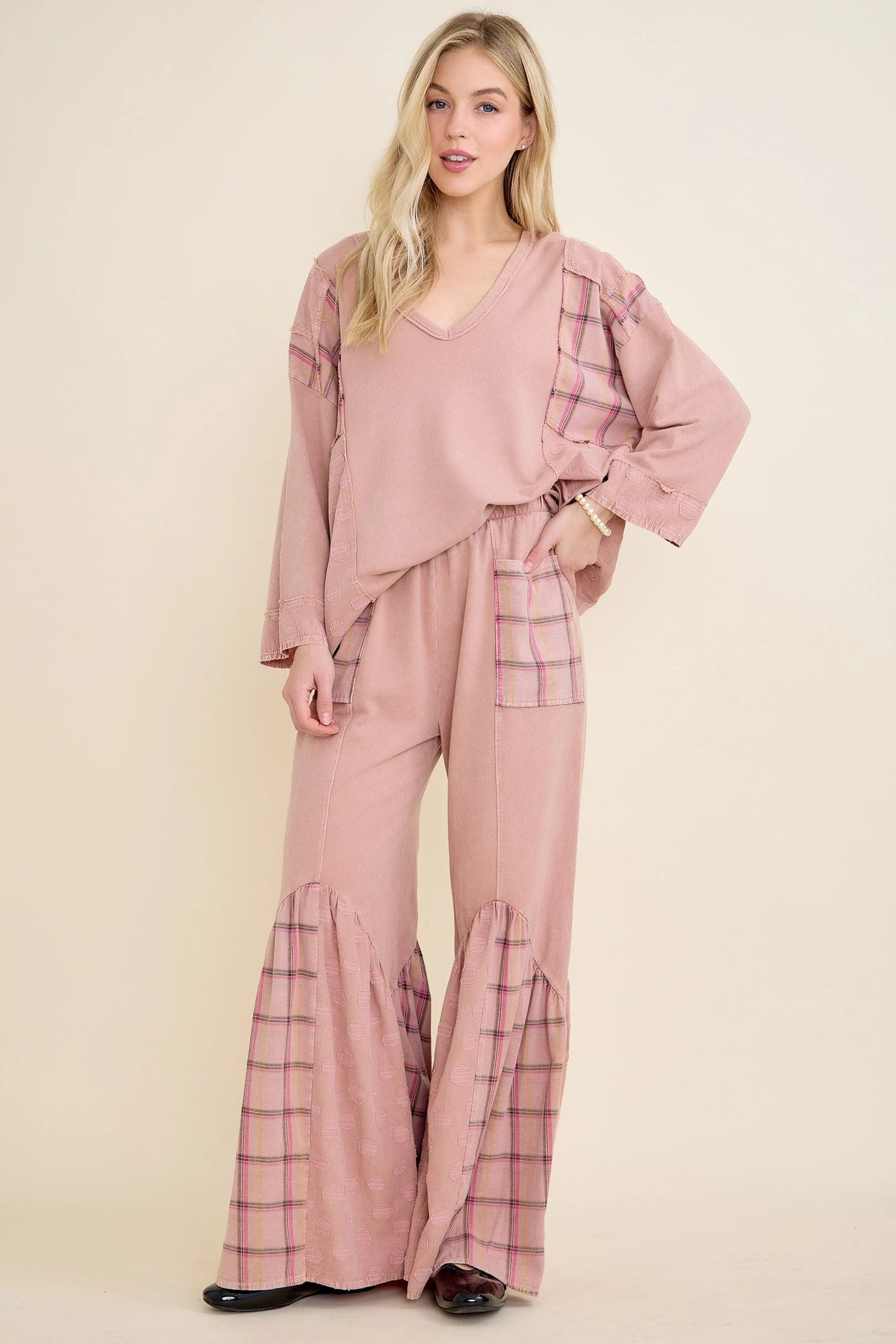 Mineral Wash Patchwork Boho V-Neck Blouse (J.HER)