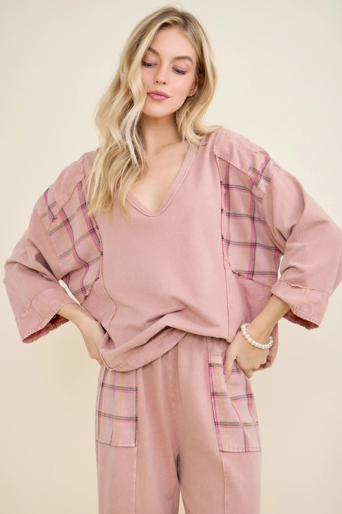 Mineral Wash Patchwork Boho V-Neck Blouse (J.HER)