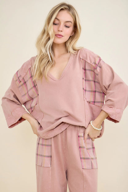 Mineral Wash Patchwork Boho V-Neck Blouse (J.HER)