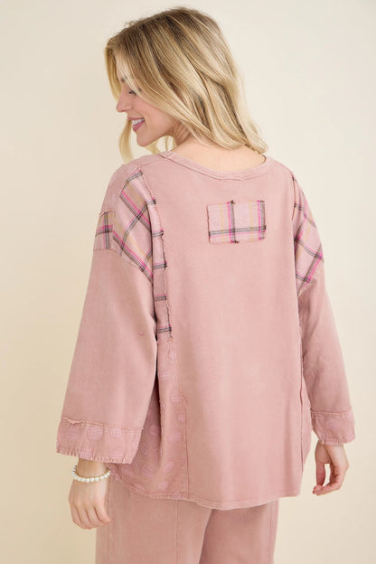 Mineral Wash Patchwork Boho V-Neck Blouse (J.HER)
