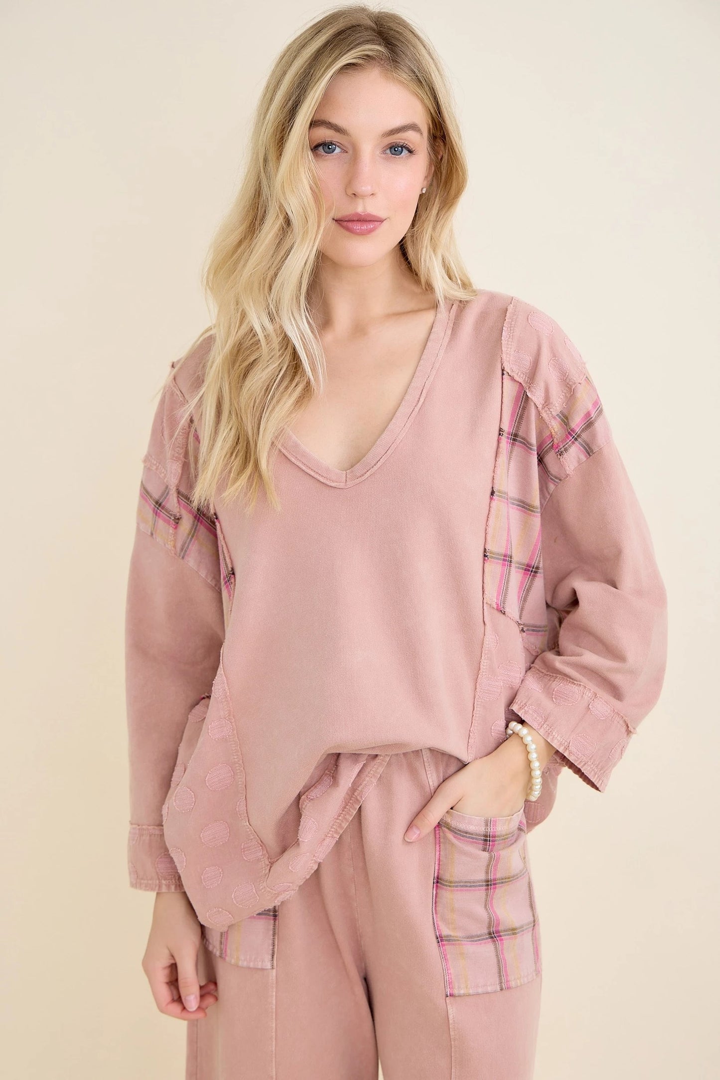 Mineral Wash Patchwork Boho V-Neck Blouse (J.HER)