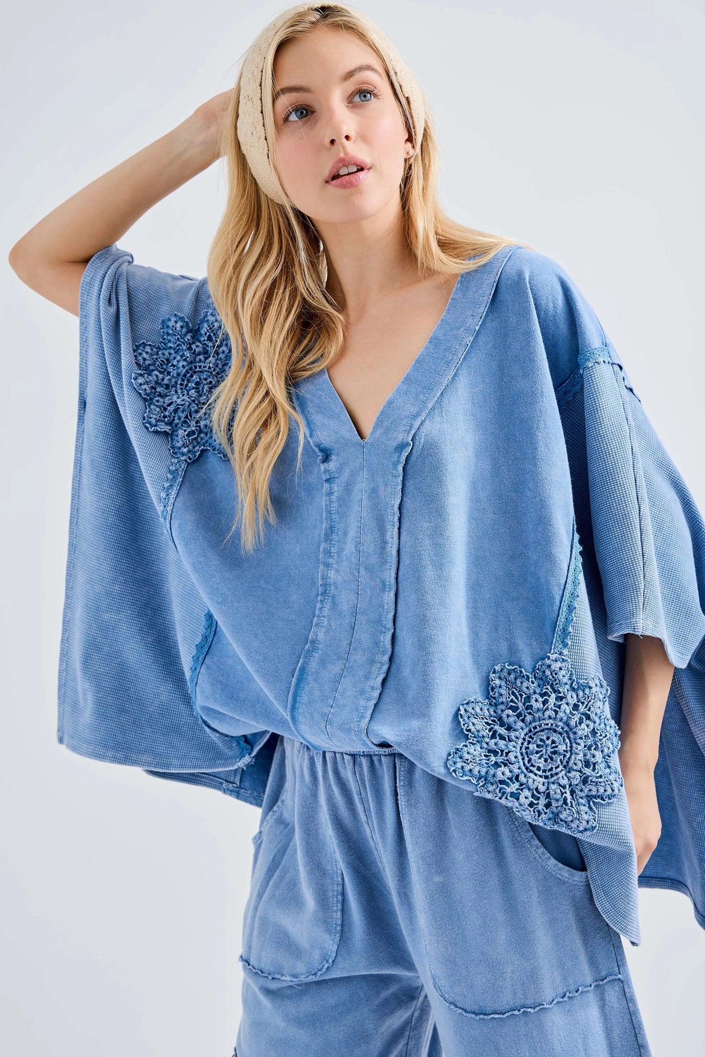 Mineral Wash Doily Patch Boho Poncho V-Neck Top